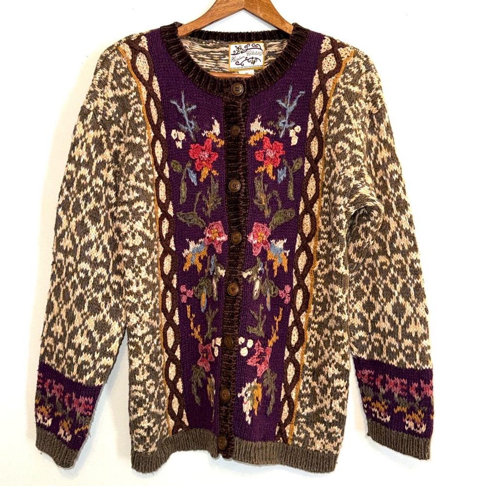 Vintage Heirloom Collectibles Purple Floral Knit Patterned Cardigan Sweater M - Picture 1 of 8
